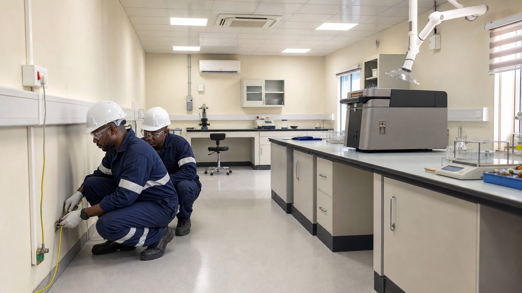 Engineering technicians commissioning a purpose-built gold analysis laboratory